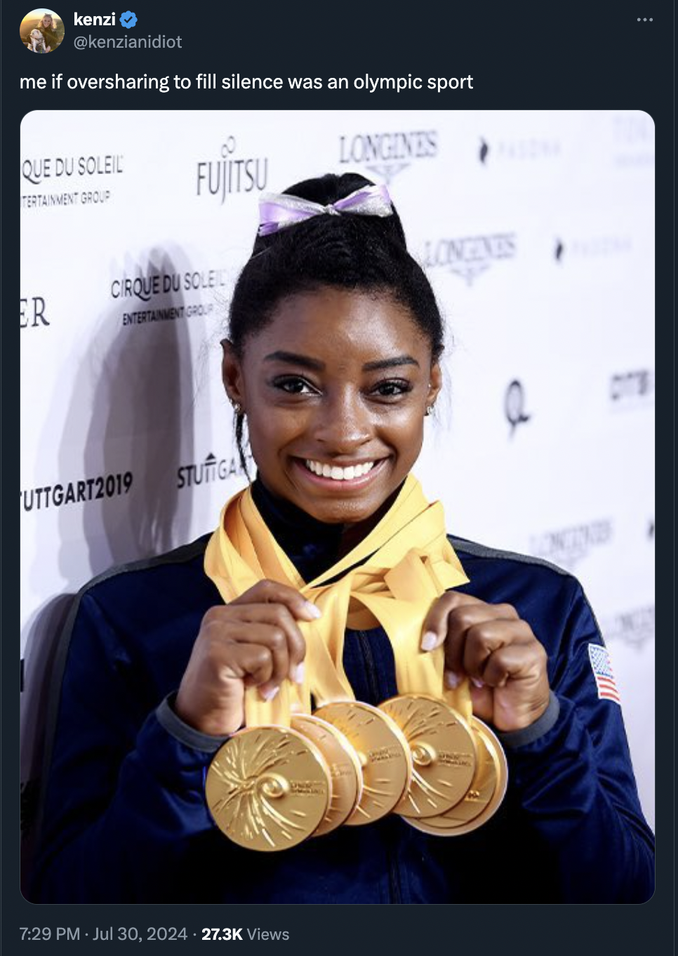 simone biles gold medals - kenzi me if oversharing to fill silence was an olympic sport Que Du Soleil Fujitsu Cirque Du Sole Er UTTGART2019 Stuttga Views Longines Longinis